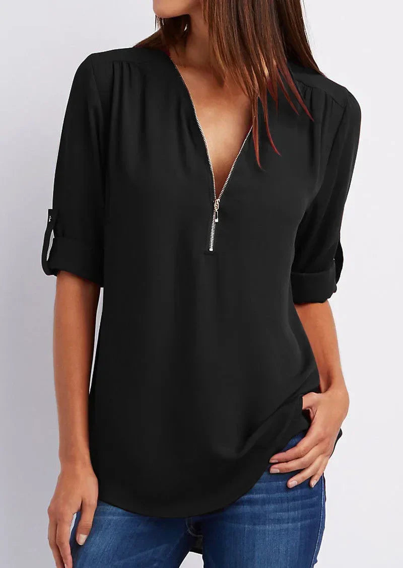 Dylan - Elegant V-neck Zip-Up Blouse for Women