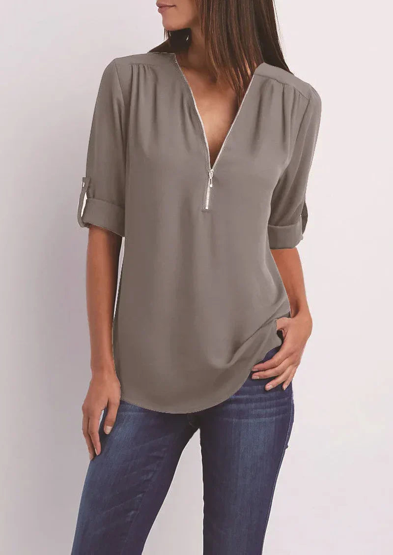 Dylan - Elegant V-neck Zip-Up Blouse for Women