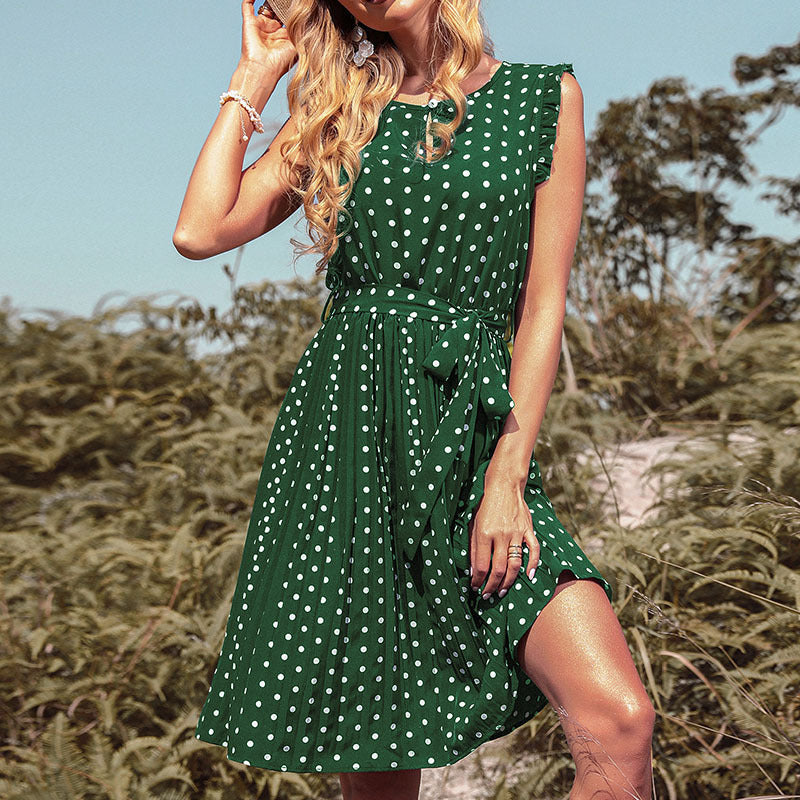 Polka Dot Knee-Length Dress with Lace-Up Waist