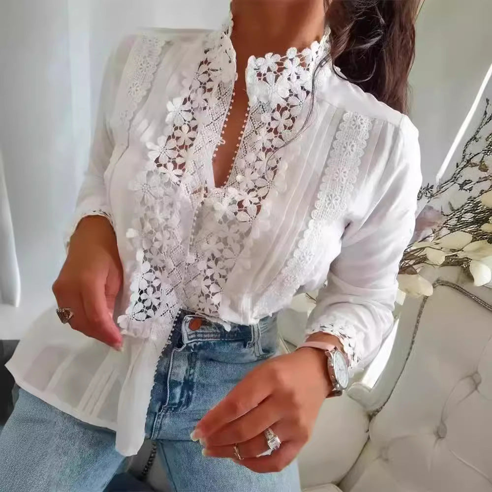 Melany - Elegant floral lace embroidered blouse