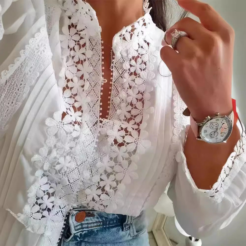 Melany - Elegant floral lace embroidered blouse