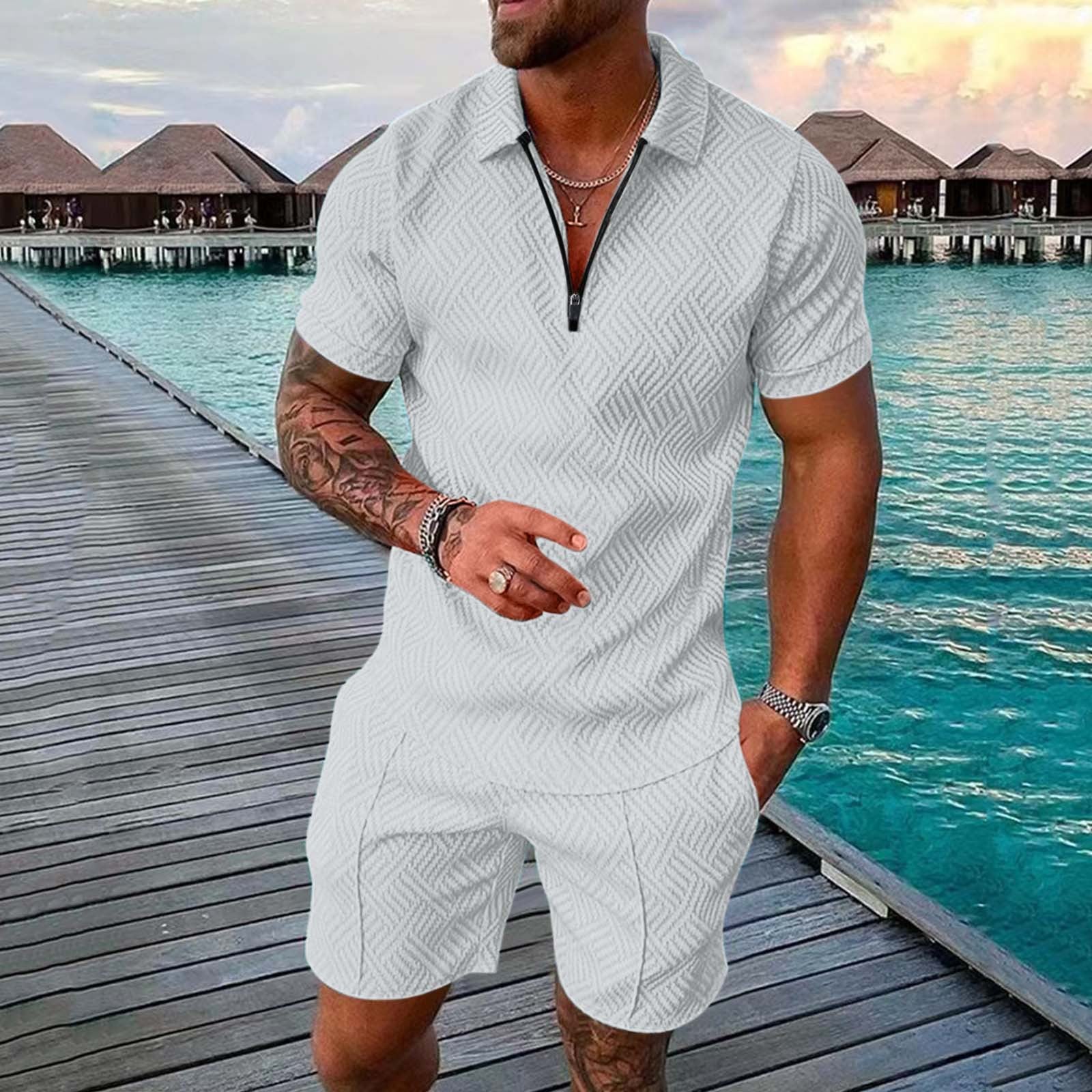 Zipper polo shirt and shorts for men