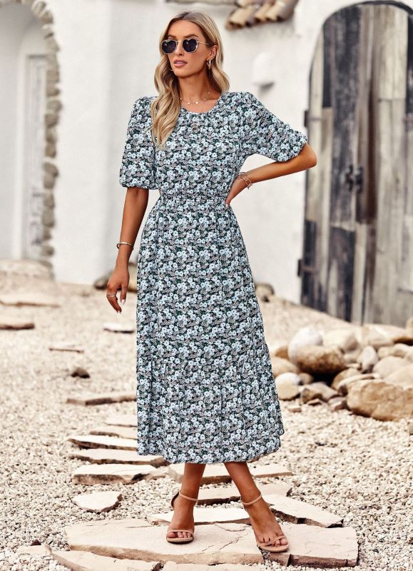 Floral Print Midi A-line Dress with Puff Sleeves