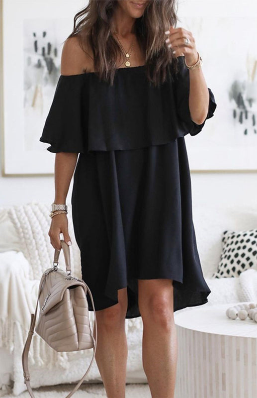 Off-Shoulder Knee-Length Mini Dress with Flounce Cuffs