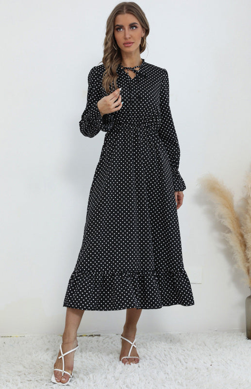 Polka Dot V-Neck Midi Dress with Tie Neck and Ruffled Hem