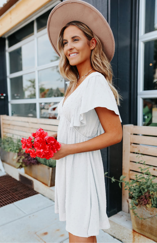 V-Neck Mini Dress with Ruffle Sleeves and Polka Dot Print