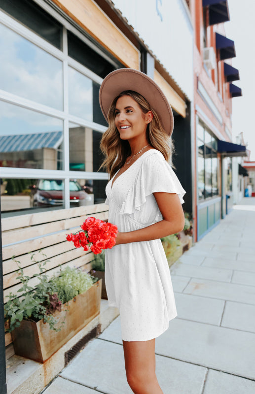 V-Neck Mini Dress with Ruffle Sleeves and Polka Dot Print