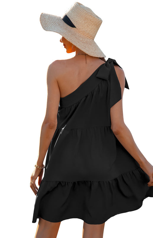 One-Shoulder Ruffle Mini Dress for Women - Tiered Design, Lightweight Fabric, Casual Chic Style