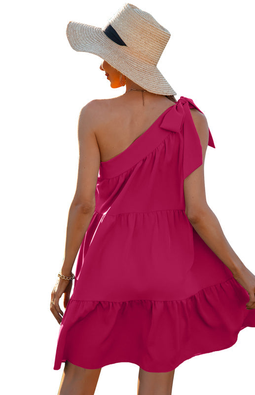 One-Shoulder Ruffle Mini Dress for Women - Tiered Design, Lightweight Fabric, Casual Chic Style