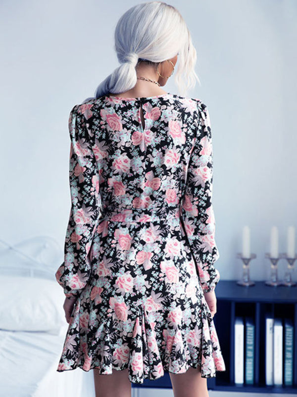 Floral Print Long Sleeve Dress with Ruffled Hem and Belted Waist