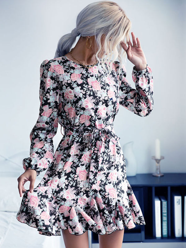 Floral Print Long Sleeve Dress with Ruffled Hem and Belted Waist