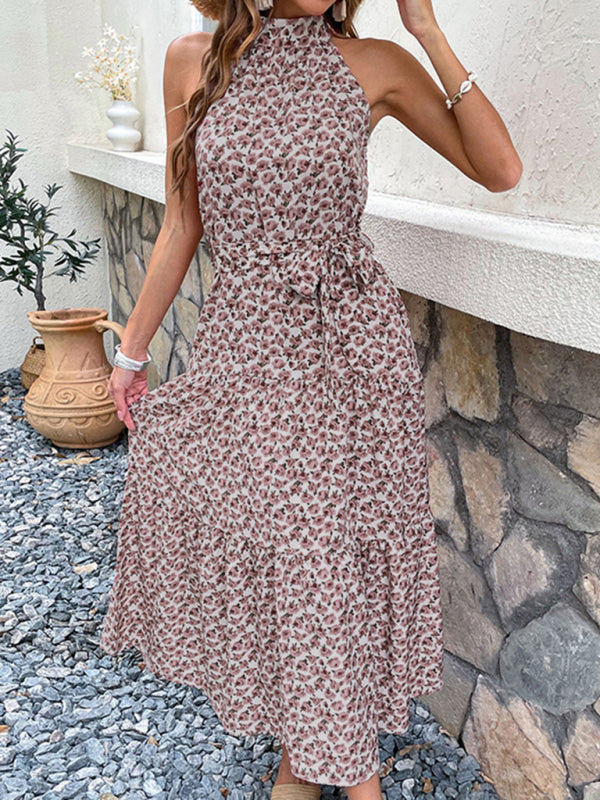 Floral Print Maxi Dress with Halter Neck and Tie Waist