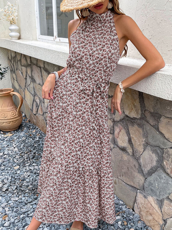 Floral Print Maxi Dress with Halter Neck and Tie Waist