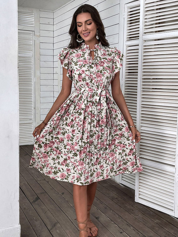 Floral Print Midi Dress with Tie Neck and Pleated Skirt