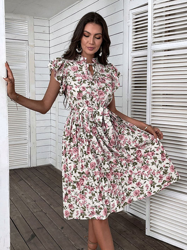 Floral Print Midi Dress with Tie Neck and Pleated Skirt