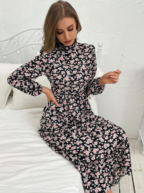 Floral Print Midi Dress with Long Sleeves and High Neck