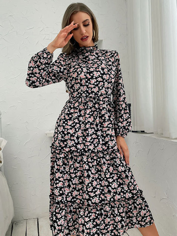 Floral Print Midi Dress with Long Sleeves and High Neck