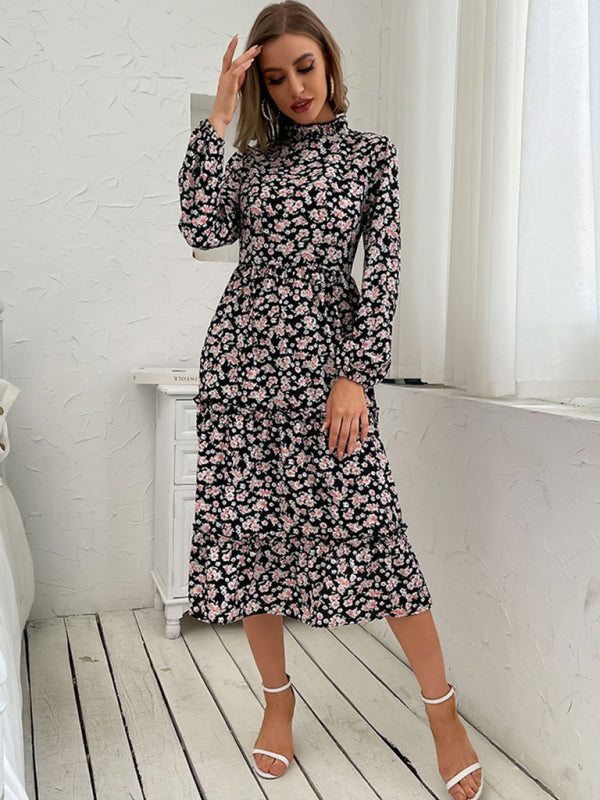 Floral Print Midi Dress with Long Sleeves and High Neck