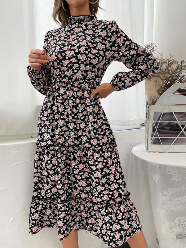 Floral Print Midi Dress with Long Sleeves and High Neck