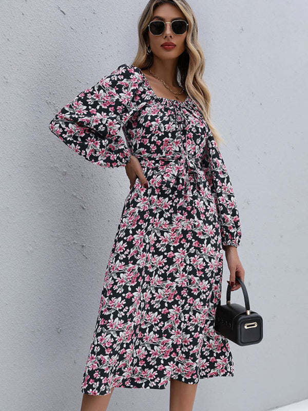 Floral Print Midi Dress with Long Sleeves and Square Neckline