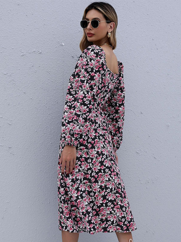 Floral Print Midi Dress with Long Sleeves and Square Neckline