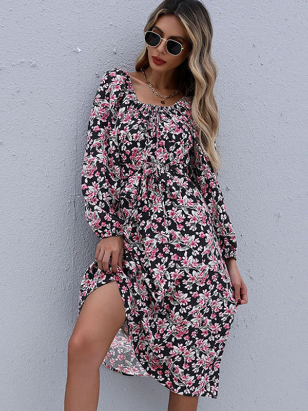 Floral Print Midi Dress with Long Sleeves and Square Neckline