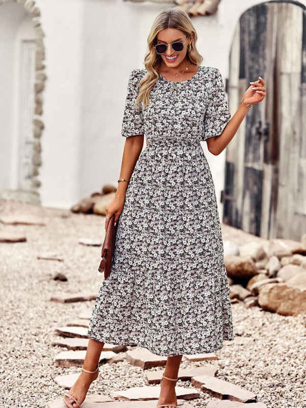 Floral Print Midi A-line Dress with Puff Sleeves