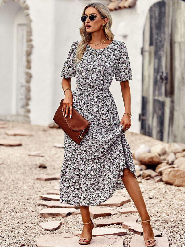 Floral Print Midi A-line Dress with Puff Sleeves