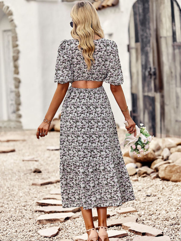 Floral Print Midi A-line Dress with Puff Sleeves