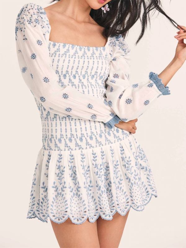 Floral Embroidered Bodycon Dress with Puff Sleeves and Smocked Bodice