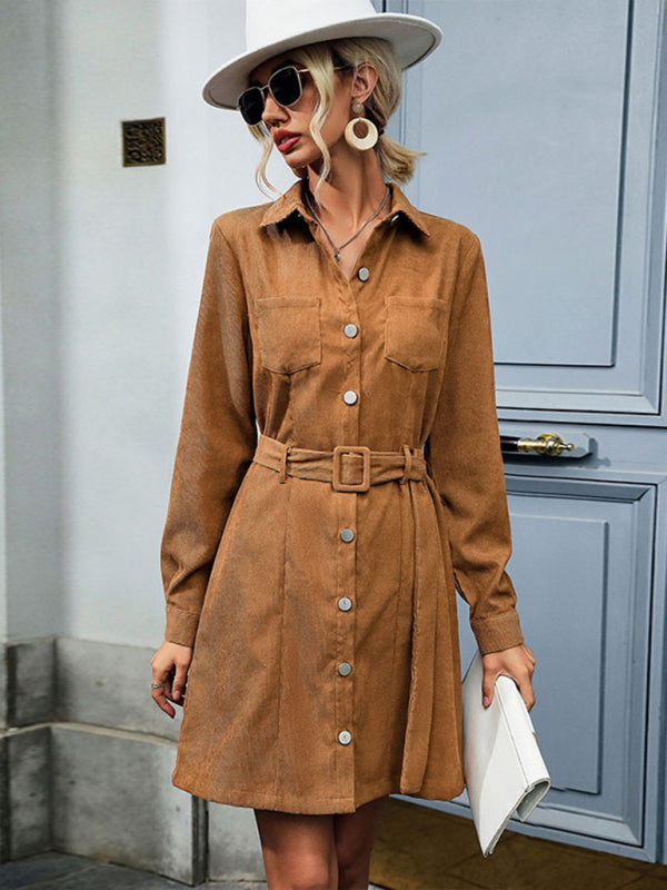 Corduroy Shirt Dress with Belted Waist and Button-Down Front