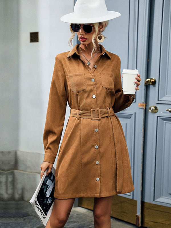 Corduroy Shirt Dress with Belted Waist and Button-Down Front