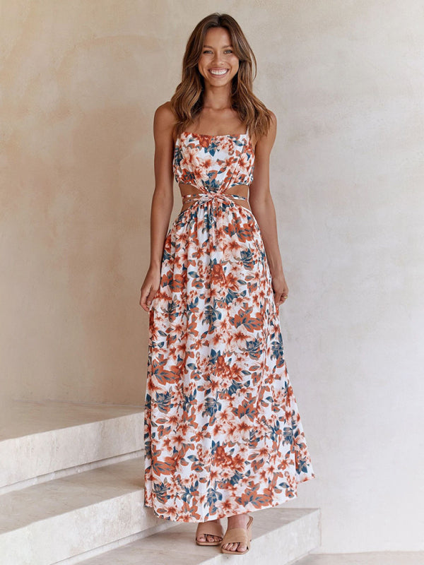 Floral Print Maxi Dress with Waist Tie and Hollow Cut-Out