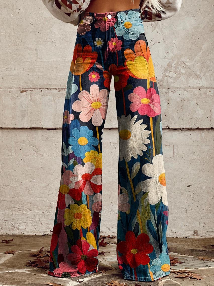 Floral pattern wide trousers for women