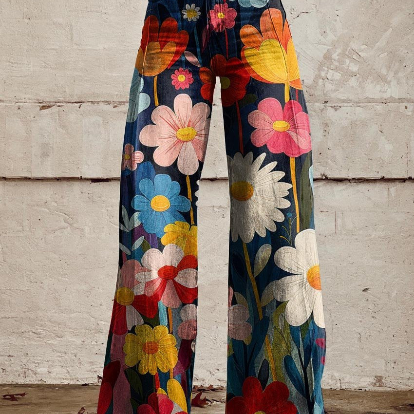 Floral pattern wide trousers for women