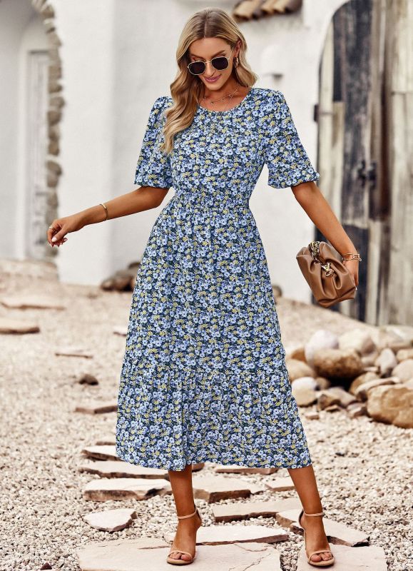 Floral Print Midi A-line Dress with Puff Sleeves